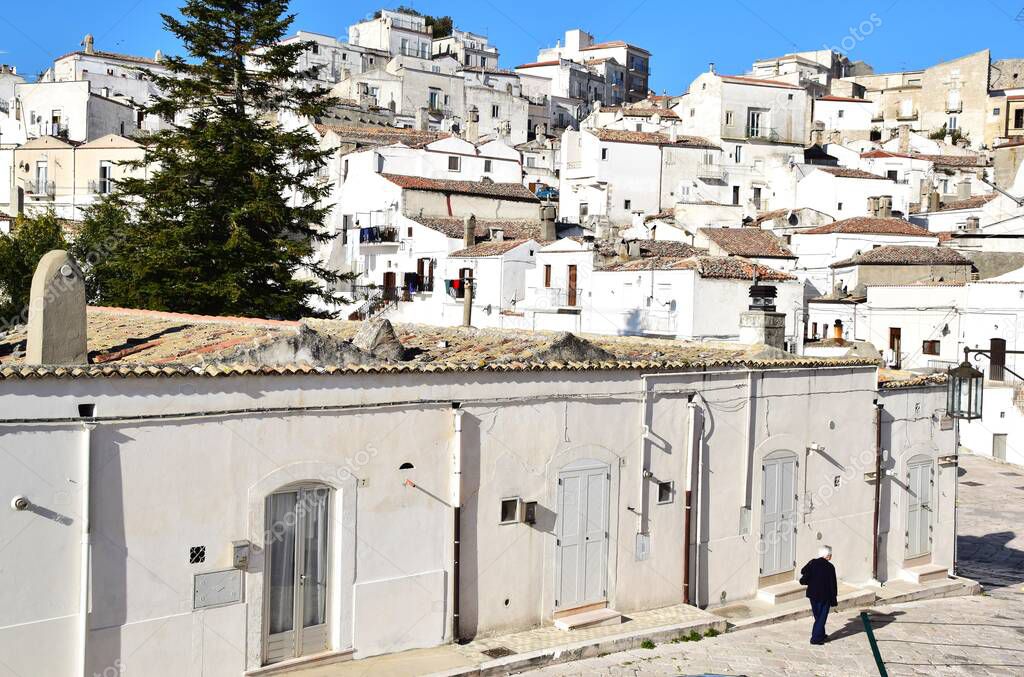 Typical architecture in Monte Sant' Angelo in the north of Puglia region, Italy, October 2019. Urban scene in the historical part of the town.