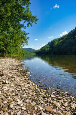 Ağaçlarla çevrili bulutlu bir gökyüzünde büyük kayaları olan bir nehir.