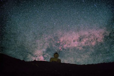 Düşük açılı bir Buda heykeli silueti üzerinde yıldızlı gökyüzü arkaplanına karşı bir dağ.