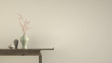 Masada bir bitki bulunan minimalist bir arkaplanın 3B görüntülemesi