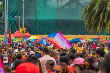 Mexico City, Meksika 25 Haziran 2022 Meksika 'daki Onur Yürüyüşü' nde travesti bayrağı tutan insanlar. Renkli Şemsiyelerle LGBTQ Yürüyüşü Onur Sembolü.