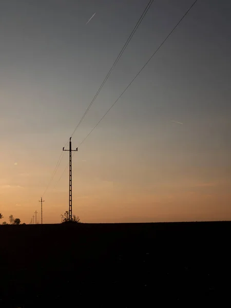 日没時の電柱のシルエットの垂直ショット — ストック写真