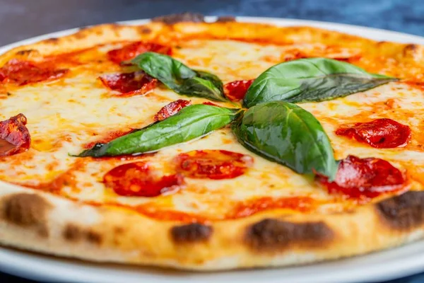Fresh Tasty Pepperoni Pizza Basil Leaves Table — Stock Photo, Image