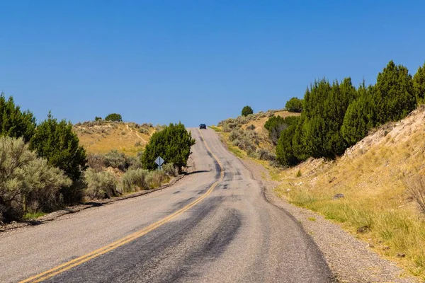 Une Route Vide Traversant Montagne Forêt Contre Ciel Bleu — Photo