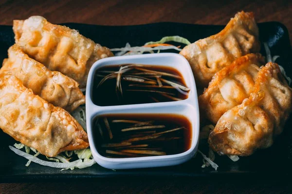 Plate Freshly Made Jiaozi Dish Served Soy Sauce Cabbage — Stock Photo, Image