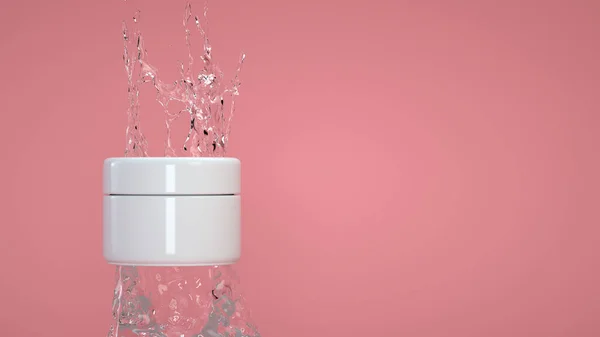 Una Representación Recipiente Agua Salpica Sobre Fondo Rosa — Foto de Stock