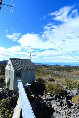 Mavi bulutlu gökyüzüne karşı eski kulübenin dikey görüntüsü.