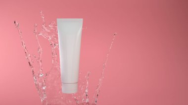 Pembe arka planda su sıçraması olan beyaz bir teneke kutu 3 boyutlu görüntüleme.