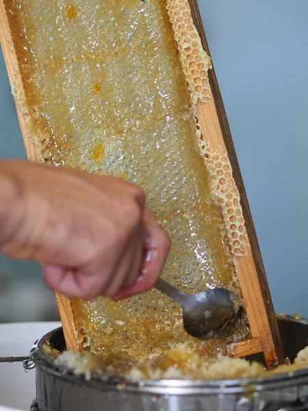 Natural Raw Honey Being Filtered Dripped Strainer Filter Our Bees — Stock Fotó