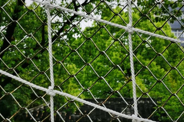 Galvanize Demir Zincir Zinciri Arka Planda Yeşil Ağaçlarla Örülmüş — Stok fotoğraf