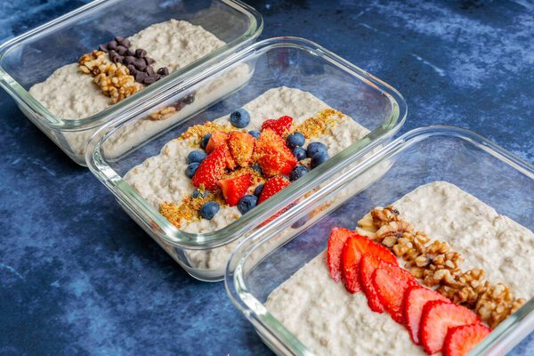 Three oatmeal breakfast combinations with different toppings