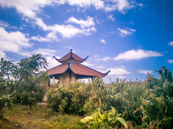Bulutlu Mavi Gökyüzünün Altındaki Yeşil Bir Bahçede Geleneksel Asya Oyuğunun — Stok fotoğraf