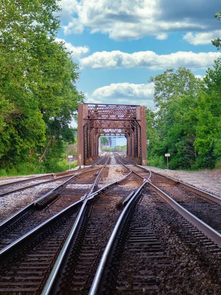 Eine Eisenbahn Die Durch Die Stahlbrücke Fährt — Stockfoto