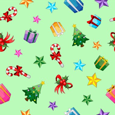 Arapça. Nane yeşili arka planda mini renkli Noel süslerinin vektör simgeleri.