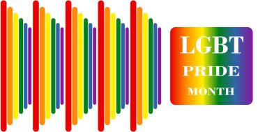 LGBT onur ayının kutlanacağını ilan eden bir poster. Tasarım ayrıca LGBT gurur bayrağı renklerine sahip yuvarlak dikey çubuklar da ekler