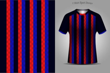 Üç renkli bir spor tişörtü ve sol taraftaki mavi ve kırmızı desenli bir vektör.