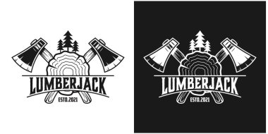 Orman ekipmanları ürünleri ile Oduncu vintage logosunun vektör çizimi