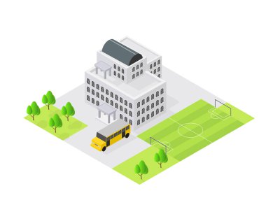 Futbol sahası olan bir okul kampüsünün ve otobüsü olan bir otoparkın dijital pikselli bir çizimi.