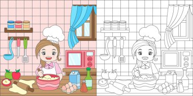 Mutfakta yemek pişiren bir kızın olduğu boyama kitabı sayfası.