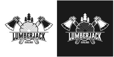 Orman ekipmanları ürünleri ile Oduncu vintage logosunun vektör çizimi