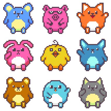 8-bit piksel vektör tasarımlı sevimli evcil hayvan koleksiyonu