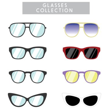 Beyaz arkaplanda izole edilmiş farklı gözlüklerin vektör çizimi