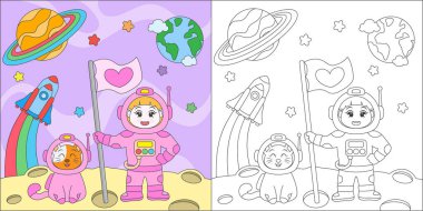 Ay 'da astronotların olduğu bir boyama kitabı sayfası.