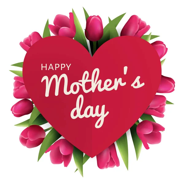 Вектор Щасливого Дня Матері Рожевому Серці Рожевими Тюльпанами Білому Тлі — стоковий вектор