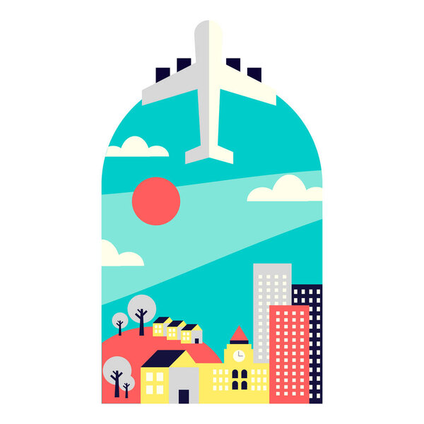 A logo of an airplane flying above city buildings - the concept of traveling