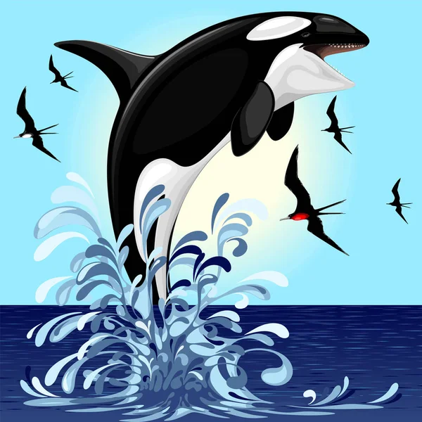 Ícone Ilustração Vetorial Uma Baleia Assassina Spirit Orca Saltando Sobre — Vetor de Stock