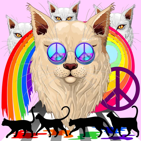 Parodie Vier Van Liverpool Met Katten Vrede Liefde Symbolen Regenbogen — Stockvector