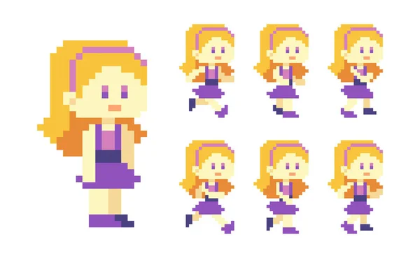 Pixel Mignon Personnage Fille Blonde Exécuter Vecteur Animation — Image vectorielle