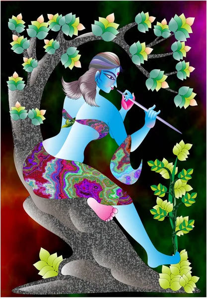 Вертикальная Векторная Графическая Иллюстрация Индийской Женщины Играющей Флейте Сидящей Дереве — стоковый вектор