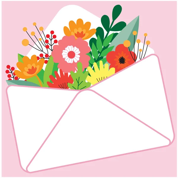 Ett Vackert Vitt Kuvert Med Blommor Det Isolerad Rosa Bakgrund — Stock vektor