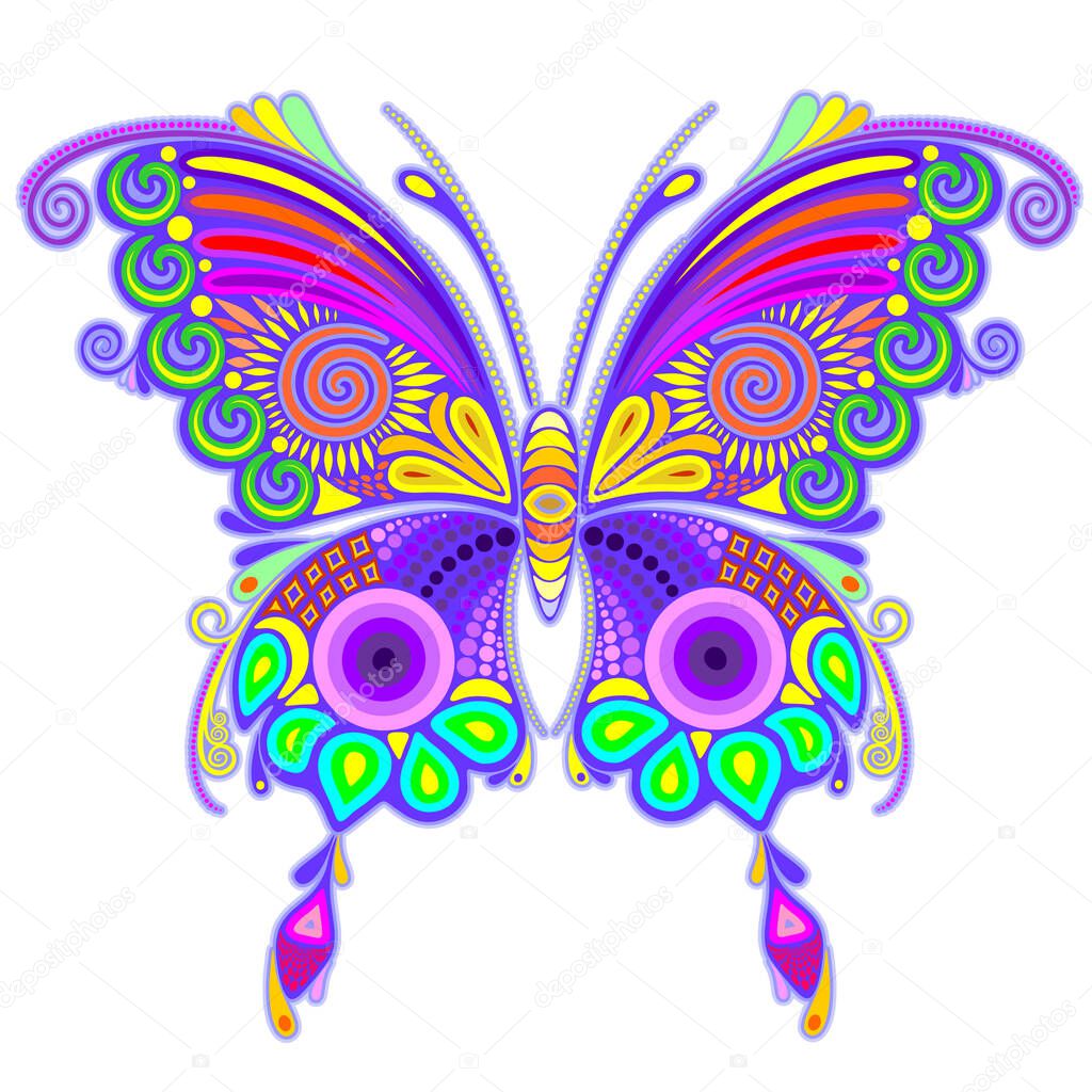 A vector design of a colorful butterfly on a white background