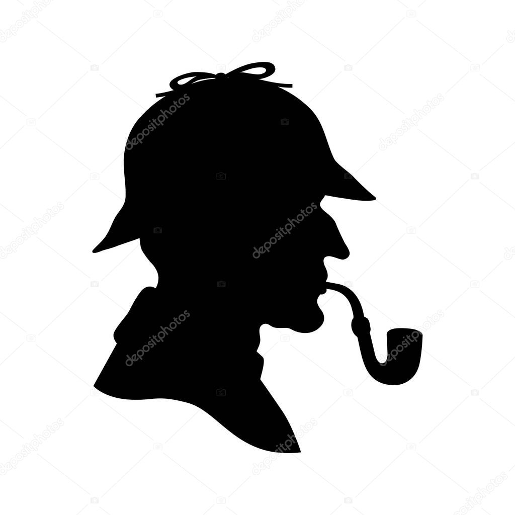 A black vector illustration of Sherlock Holmes smoking his pipe on plain white background