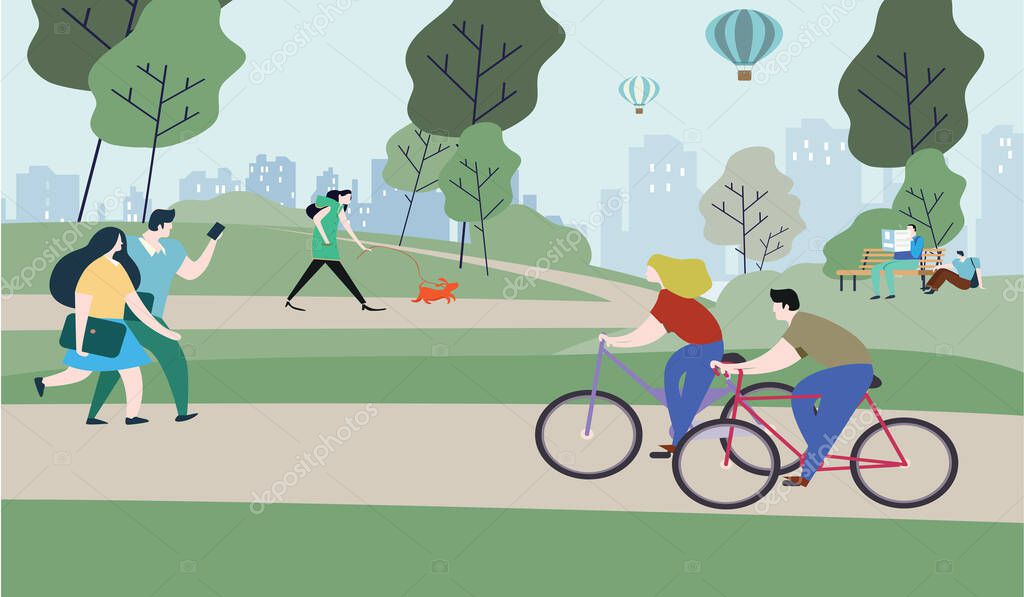 A vector illustration of people spending time in park