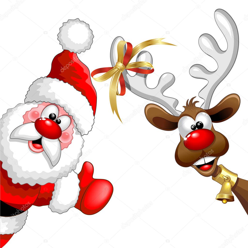 A vector illustration of reindeer and a Santa Claus showing thumbs up