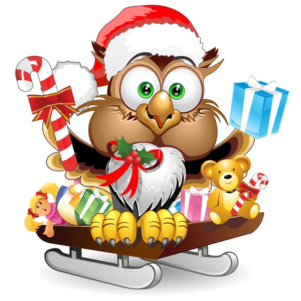 Μια Απεικόνιση Διάνυσμα Μιας Κουκουβάγιας Χριστούγεννα Santa Happy Χαρακτήρα Δώρα — Διανυσματικό Αρχείο