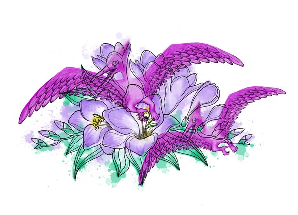 Eine Vektor Illustration Einer Schönen Lilienblüte Mit Lila Pterodactylen Darauf — Stockvektor