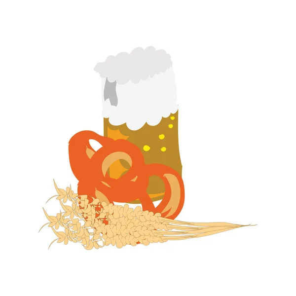 Vektorillustration Eines Glases Schäumendes Bier Und Weizenähren Auf Weißem Hintergrund — Stockvektor