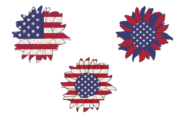 Set Girasoli Patriottici Del Luglio Girasole Bandiera Americana — Vettoriale Stock