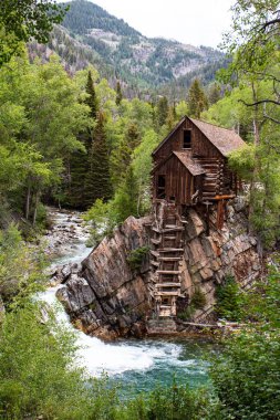 Nehir kenarında küçük bir kır evi olan yeşil bir manzaranın dikey görüntüsü.