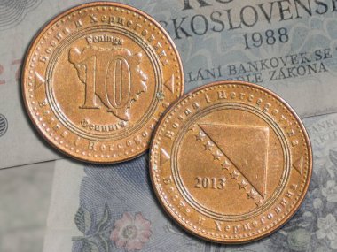 Bosna-Hersek 'in banknotların arka planında 10 adet yazı tura bulunuyor. İki taraftan yakın çekim..