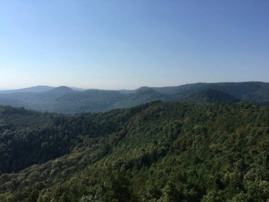 Bulutsuz bir gökyüzünün altındaki yeşil dağ sırasının güzel manzarası.