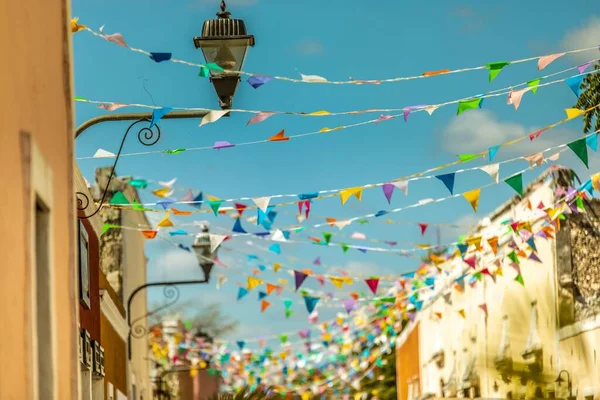 Colorful Flags Decorating Streets City — Stock Photo, Image
