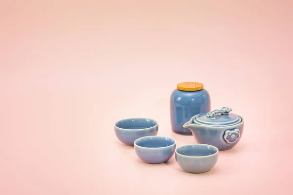 Blauwe Vintage Kommen Koekepot Suikerpot Roze Achtergrond — Stockfoto