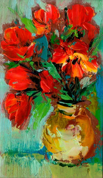 Żywy Obraz Olejny Czerwonych Kwiatów Wazonie — Zdjęcie stockowe