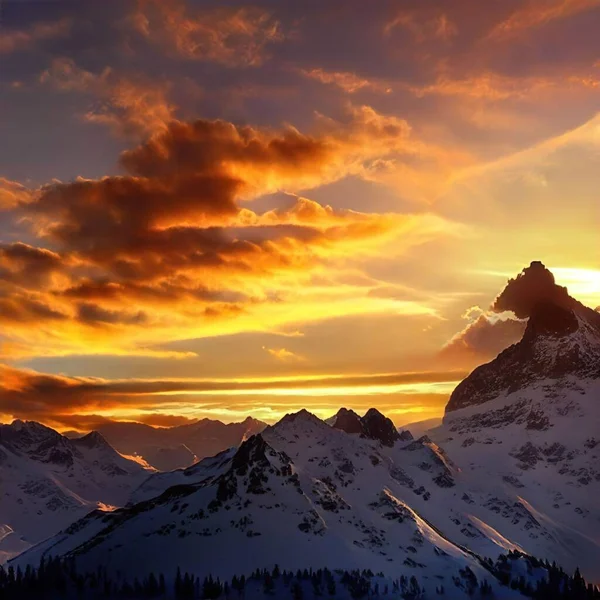 Beautiful View Snowy Mountain Landscape Cloudy Sky Sunset — Stock Photo, Image