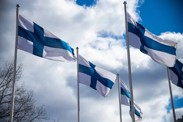 Финские Флаги Флагштоках Машущих Ветром Голубым Небом — стоковое фото